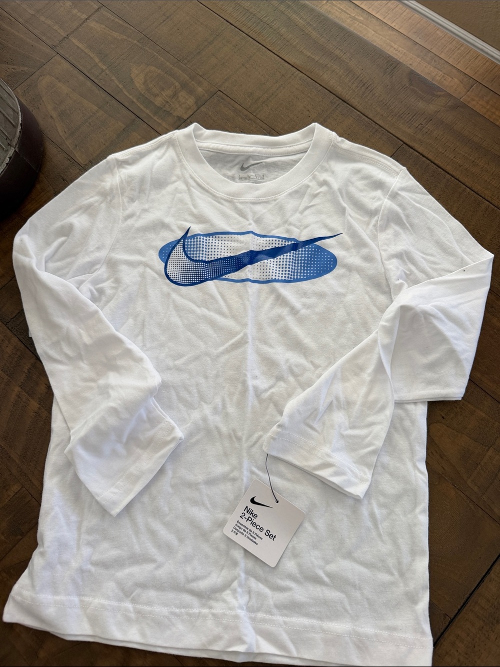 Nike White Long Sleeve Tee with Blue Swoosh Print